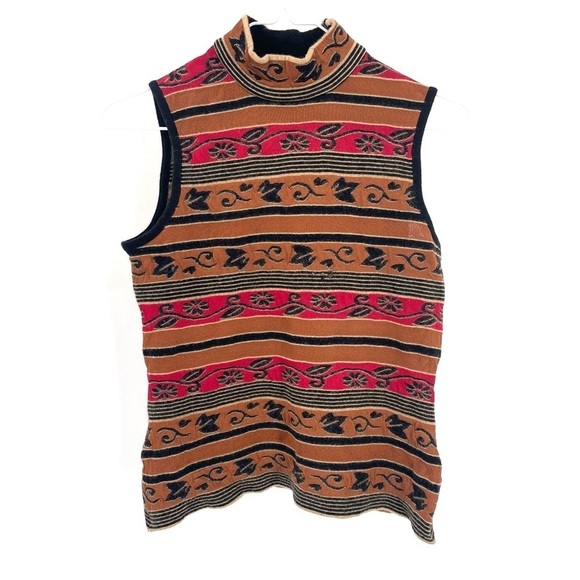 ST. JOHN Striped Multicolor Zip High Mockneck Collar Sleeveless Best Blouse Top - Picture 1 of 6